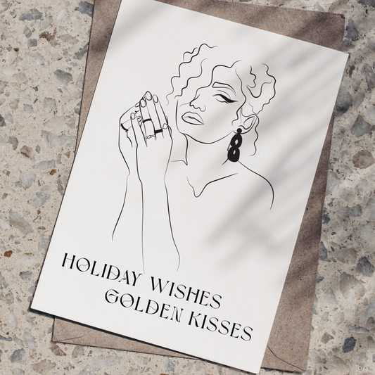 Send this delicate "Happy Wishes Golden Kisses"greeting card  featuring an elegant design to love one this Christmas.