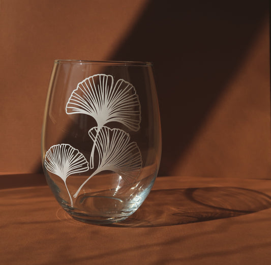 Clear Stemless Wine Glass, Gingko Stem