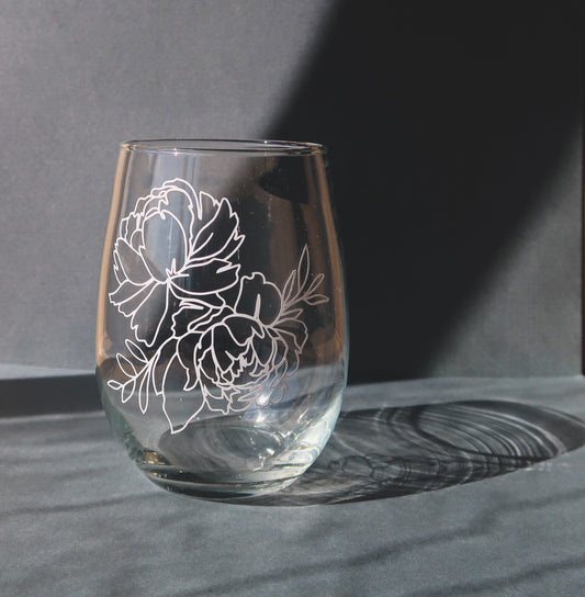 Clear Stemless Wine Glass, Floral Bloom