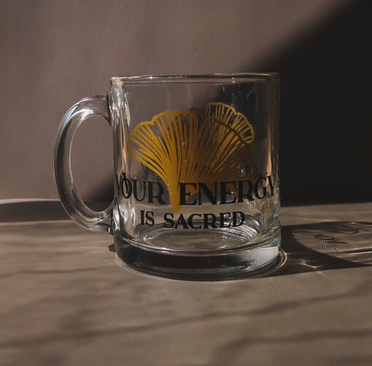 Glass Mug with Sacred Energy Vibes, perfect motivational mug for a better you. Self care is important! #coffeemug #teamug #coffeedrinker #cutecoffemugs #clearcoffeemugs #funcoffeemugs #fallcoffeemugs #autumncoffeemugs #fallmugs #autumnmugs 
